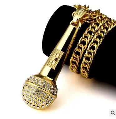 gold 24 K золотые металлические ювелирные изделия аксессуары Подвески ожерелье s Рэппер кулон «микрофон» цепочка ожерелье хип хоп для женщин и мужчин - Окраска металла: gold