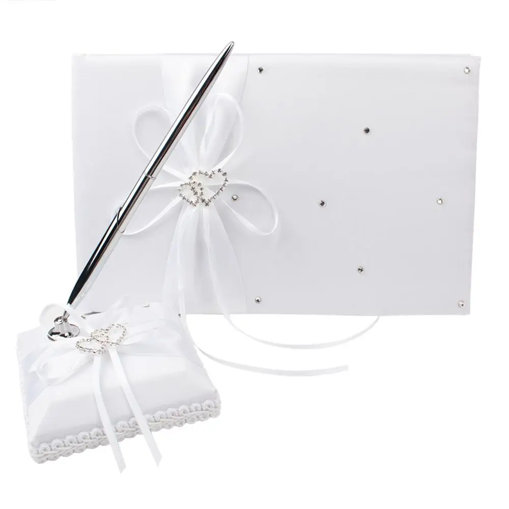 Guest Book Pen Set OurWarm Свадебный сатиновый кольцо с двойным сердцем подушка белая тесьма со стразами подушка в виде бабочки Цветочная корзина для девочек товары для свадебной вечеринки - Цвет: Guest Book Pen Set