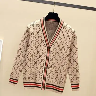 Khaki Осень вязаный женский свитер кардиган модный принт v-образный вырез длинный рукав вязаный свитер женский плюс размер женские топы - Цвет: Khaki