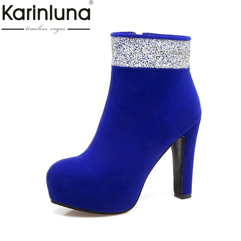 KARINLUNA/; женская обувь на платформе; Модные женские зимние ботильоны на высоком каблуке; женская обувь; цвет черный, синий; большие размеры 32-43