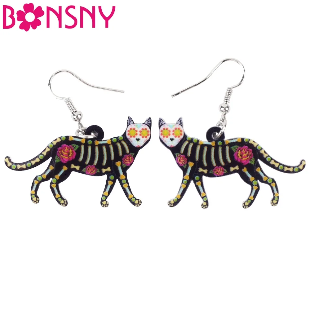Bonsny акриловые Хэллоуин Цветочные ходячие серьги кота Котенок большие длинные