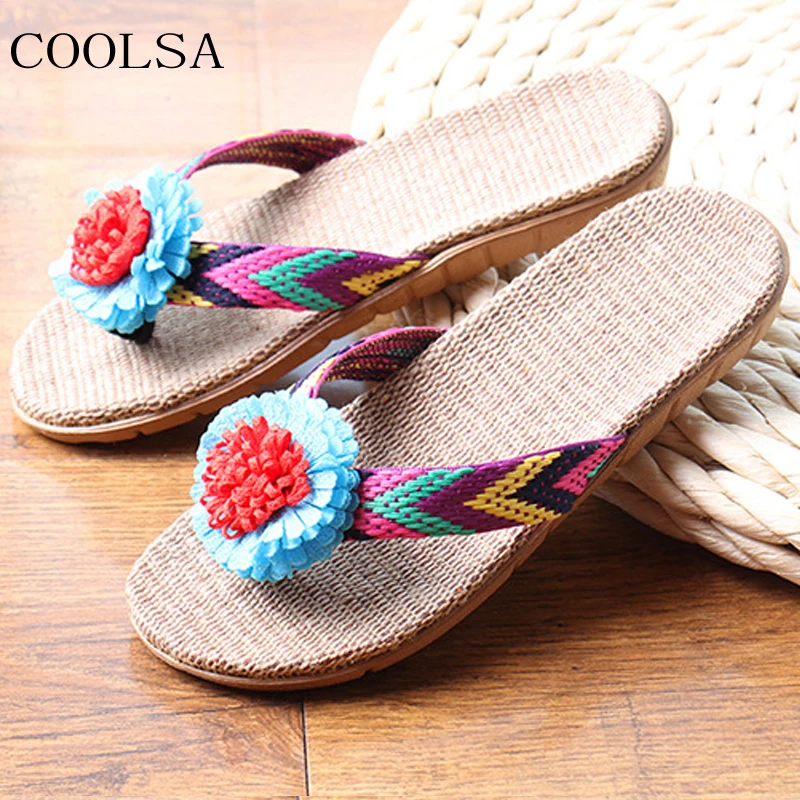 Шлепанцы женские льняные цветочные сандалии плоская подошва для ванной комнаты