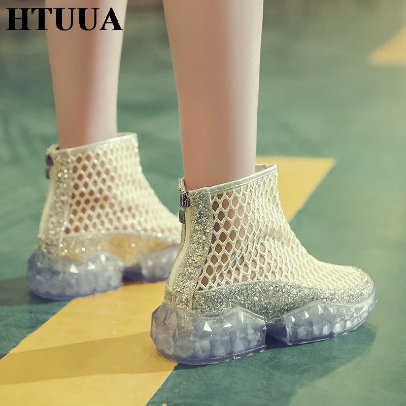 HTUUA/2019 женские босоножки из дышащей сетки Летняя обувь на платформе и танкетке