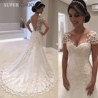 superkimjo mermaid wedding dresses short sleeve lace applique beaded elegant v neck bridal dress vestido de noiva 2019
