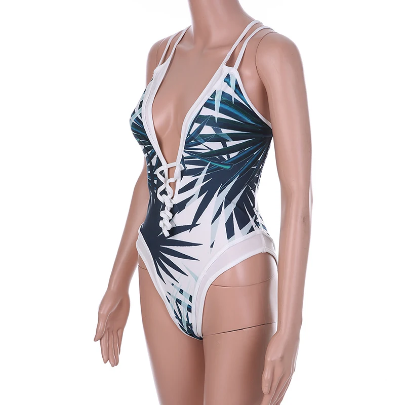 2017 сексуальный слитный купальник с лямкой на шее женский принтом листьев