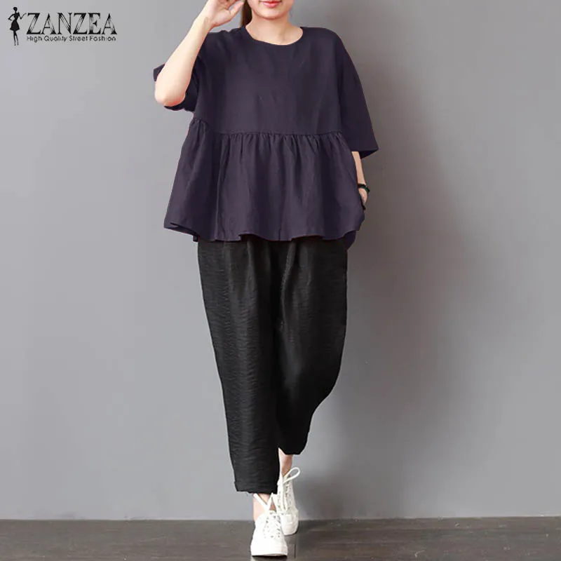 Plus Size ZANZEA Women O Neck Pleated Short Sleeve Tops Loose Baggy Blusas Solid Summer Cotton Linen Blouse Work OL Shirt 2018 |