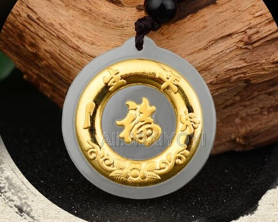 Прекрасная Натуральная белая Нефритовая + 18K ТВЕРДОЕ ЗОЛОТО китайская круглая