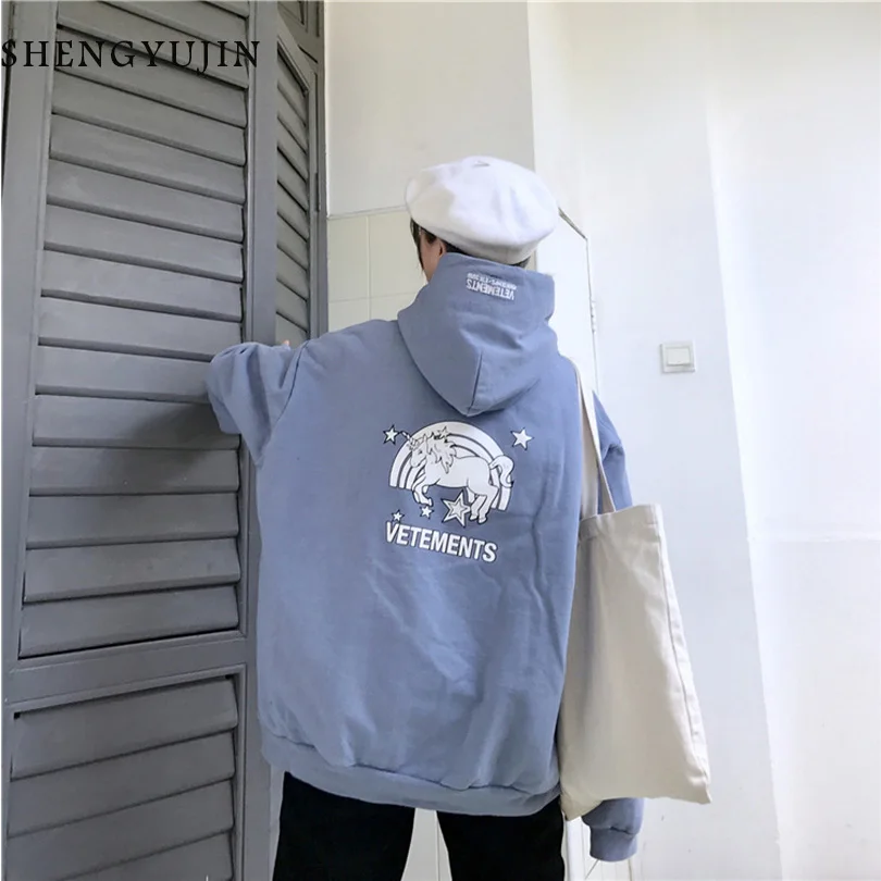 SHENGYUJIN хлопок 2019 для женщин толстовки Harajuku Свободные печатных Единорог тонкий