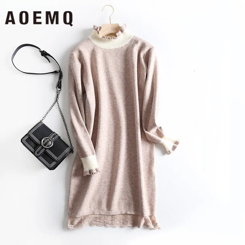 AOEMQ Mesh Lace Stitching Contrast Color Retro Loose Wood Ear Half-high Collar Middle Long Bottom Knit Sweater Dress | Женская одежда