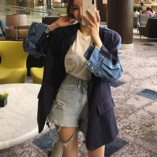 Женский двубортный джинсовый пиджак в полоску с карманами|Женские пиджаки| |