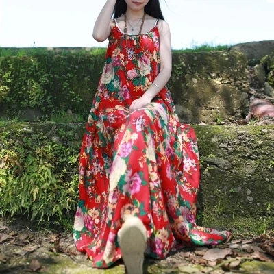 

Women Summer Dress 2018 Woman Sleeveless Floral Print Beach Long Dress Woman Sexy china style Dresses Vestidos Cotton linen