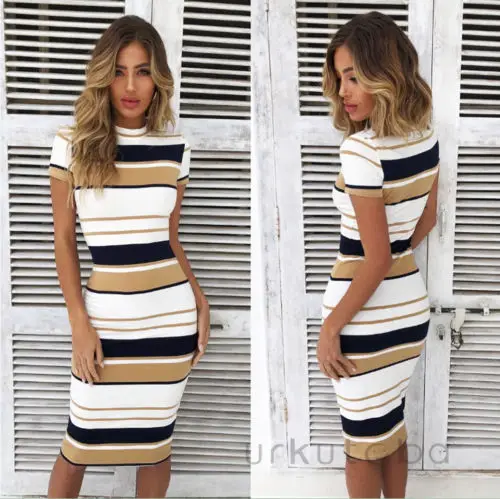 

Women Short Sleeve Striped Party Crew Neck Bodycon Summer Casual Sheath regular O Neck T-shirt Dress Clothing For Women