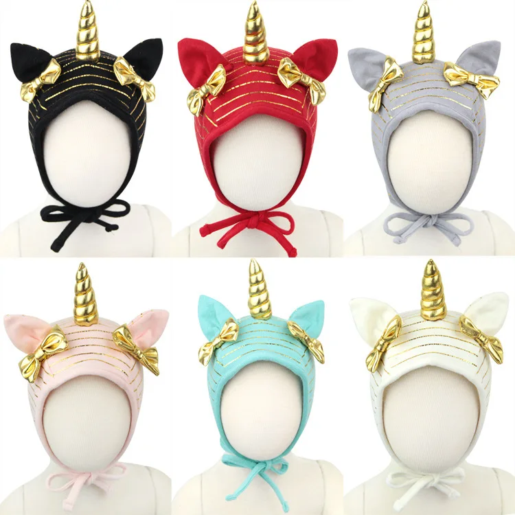 Nishine Gold Unicorn Horn Hat Bow Tie Newborn New Caps Turban Beanie Kids Headwear Photography Props Birthday Gift |