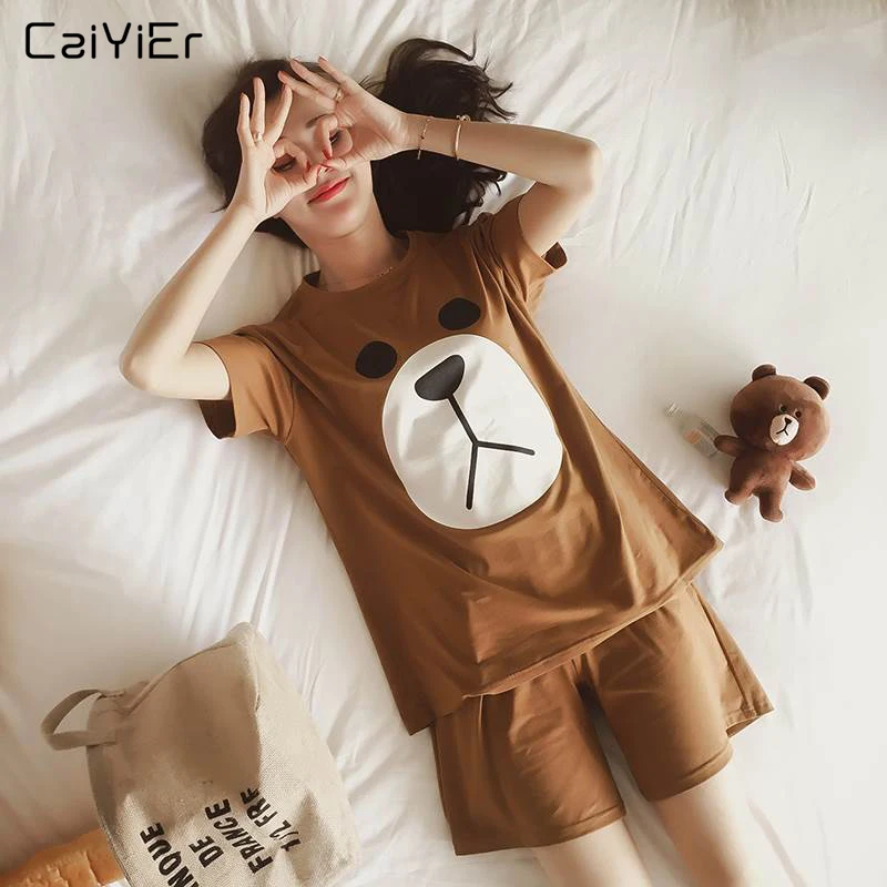 Caiyier/пижамные комплекты с милым медведем; женская одежда для сна с круглым вырезом и короткими рукавами; летняя ночная рубашка для девочек; домашняя одежда с рисунком; пижамы - Цвет: brown bear