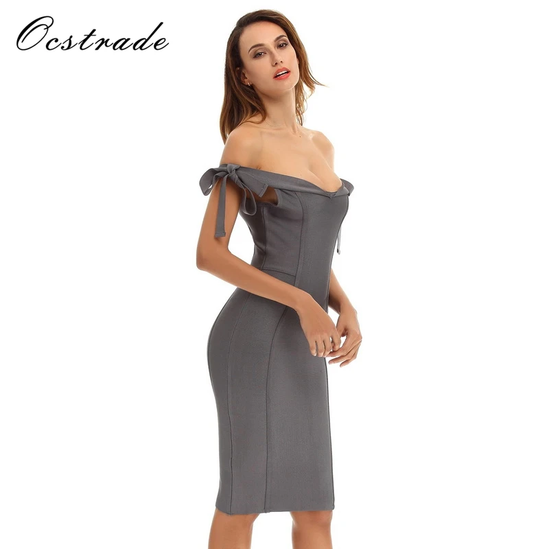 Женское платье с открытыми плечами Ocstrade серое облегающее вечерние платья