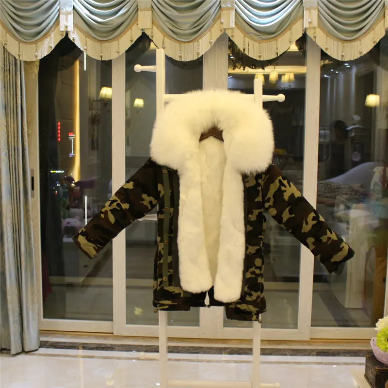camo white Г. Зимнее пальто, куртка теплая верхняя одежда для мальчиков, девочек, женщин и мужчин, большой воротник из меха енота, капюшон, подкладка из кроличьего меха, съемный Рождественский подарок - Цвет: camo white