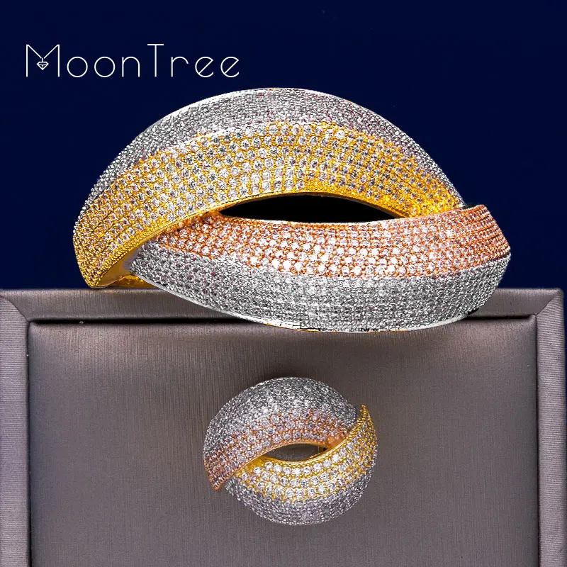 MoonTree Дубай Свадебные медные комплекты украшений для женщин три тона аксессуары для невесты кубический циркон элегантный широкий браслет кольцо набор