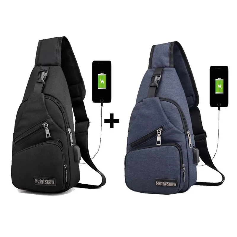 black blue 2PC 3 шт./лот мужские дорожные нагрудные сумки мужские зарядка через usb разъем для наушников дизайнерская сумка-мессенджер Оксфорд новая сумка через плечо диагональная посылка - Цвет: black blue 2PC