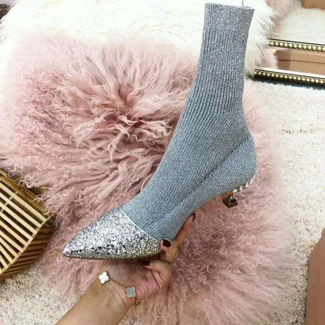 Punta FINA con Botas де Mujer Europa Y Лос Estados Unidos Nueva плата lentejuelas gatos Перро un Solo calcetines Botas|Женские