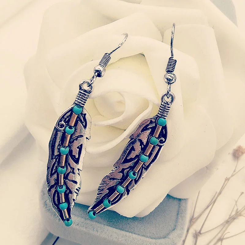Винтаж Pendientes перо металла серьги Boho индийский голубых бусин в форме листьев Для