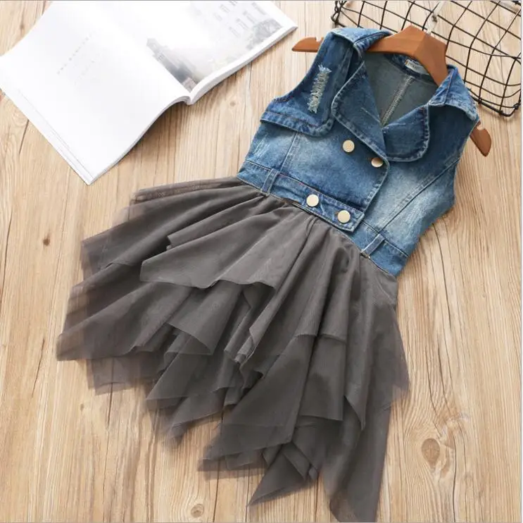 Модное осеннее детское джинсовое платье с фатиновой юбкой для девочек Джинсы