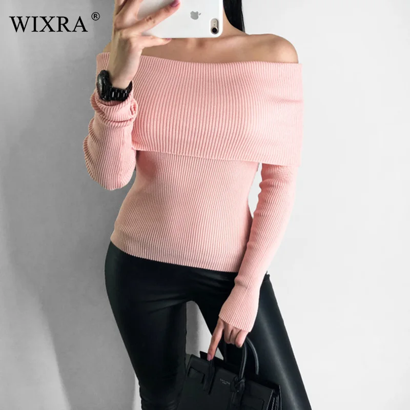 Женский свитер с длинным рукавом WIXRA вязаный оборками вырезом лодочкой и