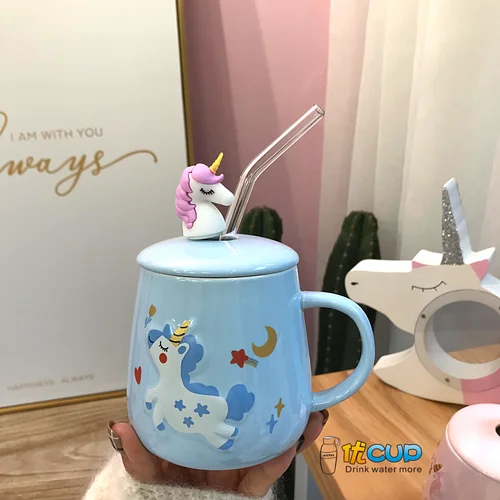 Blue (spoon . straw) Креативная Милая кофейная кружка с изображением сердца единорога, соломенная чашка, керамическая Корейская версия, Студенческая домашняя чашка для воды, лучший подарок - Цвет: Blue (spoon . straw)
