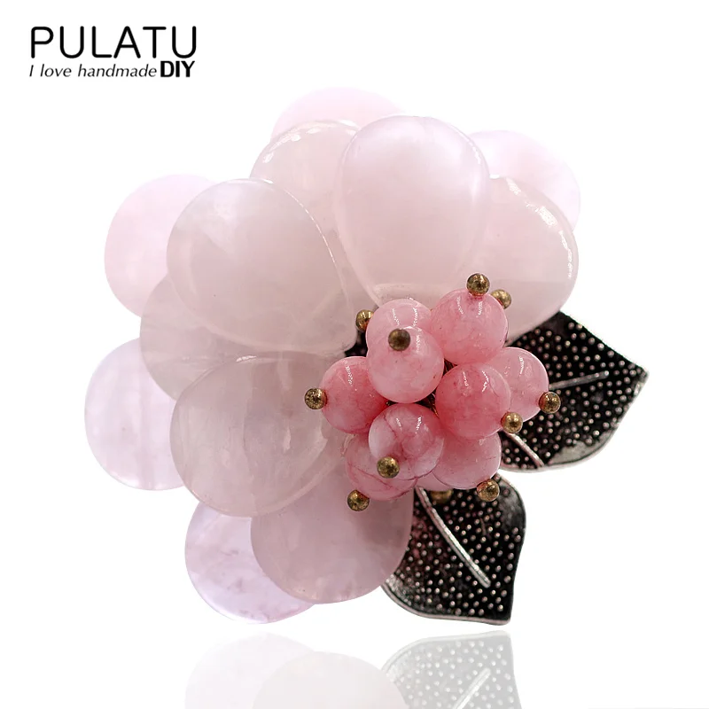 Pink PULATU, 2 цвета, оригинальные сделанные вручную цветочные броши, натуральный камень, аксессуары, подвеска, сделай сам, брошь на булавке, для женщин, подарок на день рождения, ювелирное изделие - Окраска металла: Pink