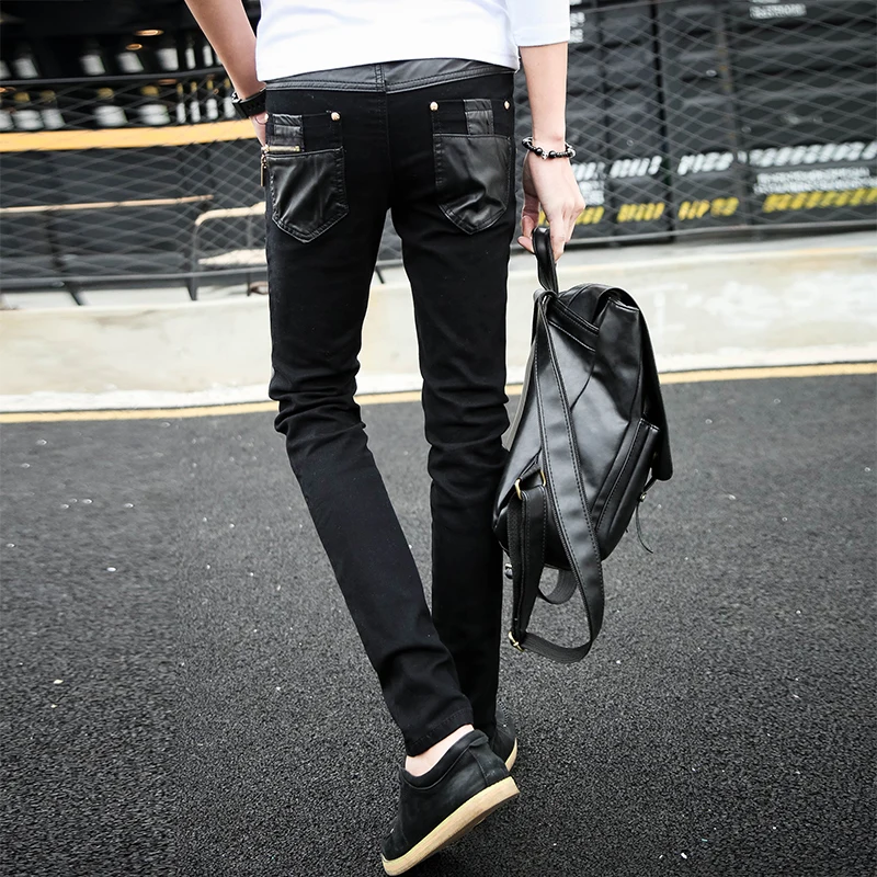 Корейские крутые обтягивающие кожаные джинсы мужские узкие брюки на молнии 28 29 30