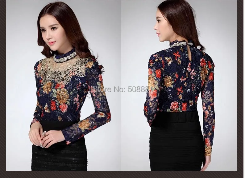 Осень винтажный кружево блузка цветок принт рабочий вышивка женщина офис