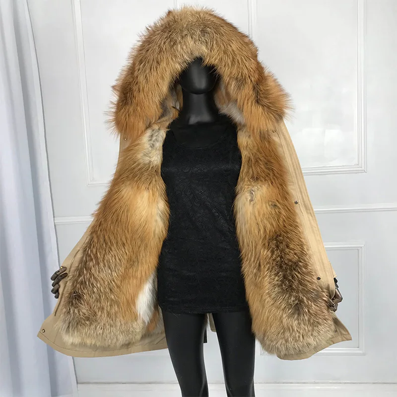 Парки из настоящего меха для Для женщин зимняя верхняя одежда с red fox меховым воротником, с капюшоном, с подкладкой большой толстовка с принтом лисьей морды пальто с мехом Куртка Толстая теплая куртка для оптоволоконного кабеля - Цвет: A