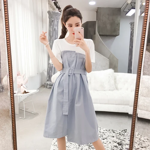 Лето 2019 корейский стиль преппи пэтчворк поддельные две части женское платье