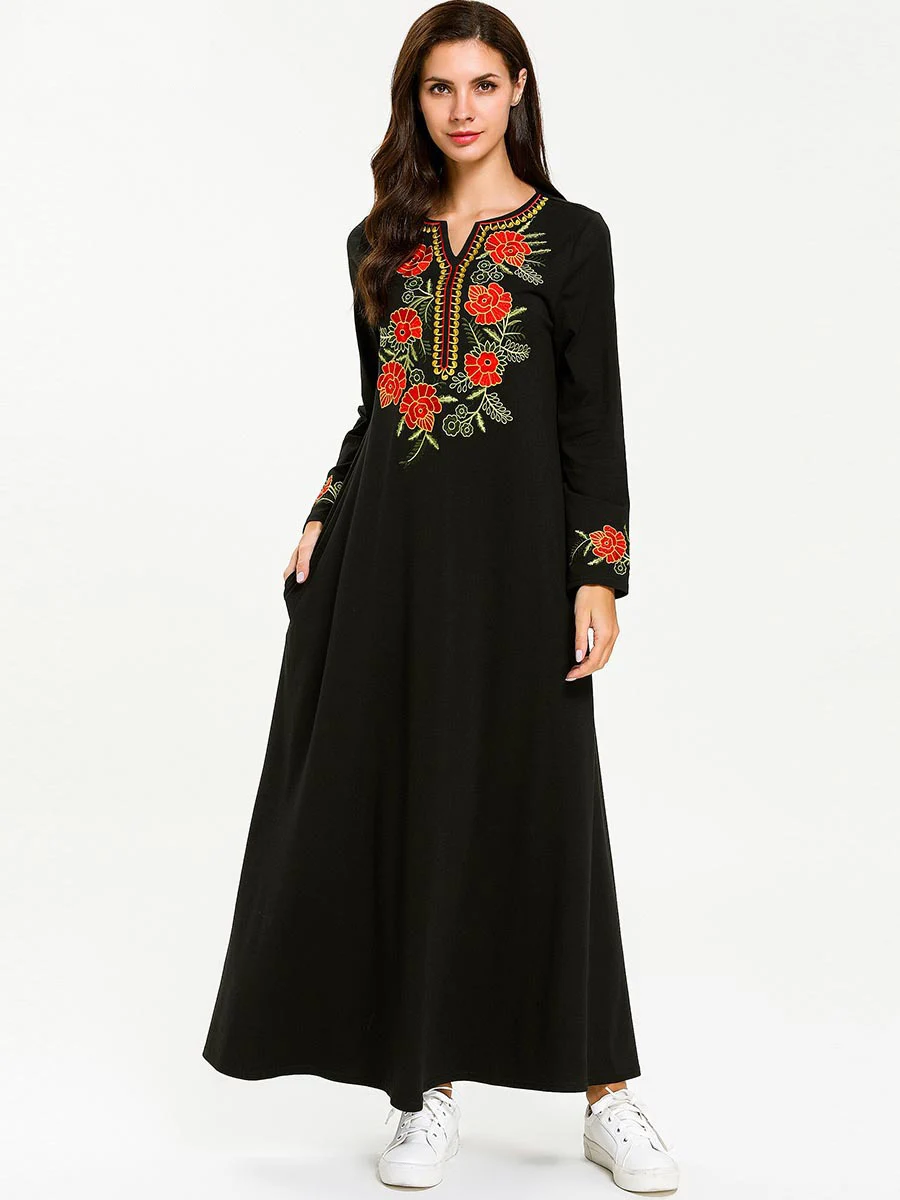 Женское мусульманское платье с цветочным принтом круглым вырезом и длинным