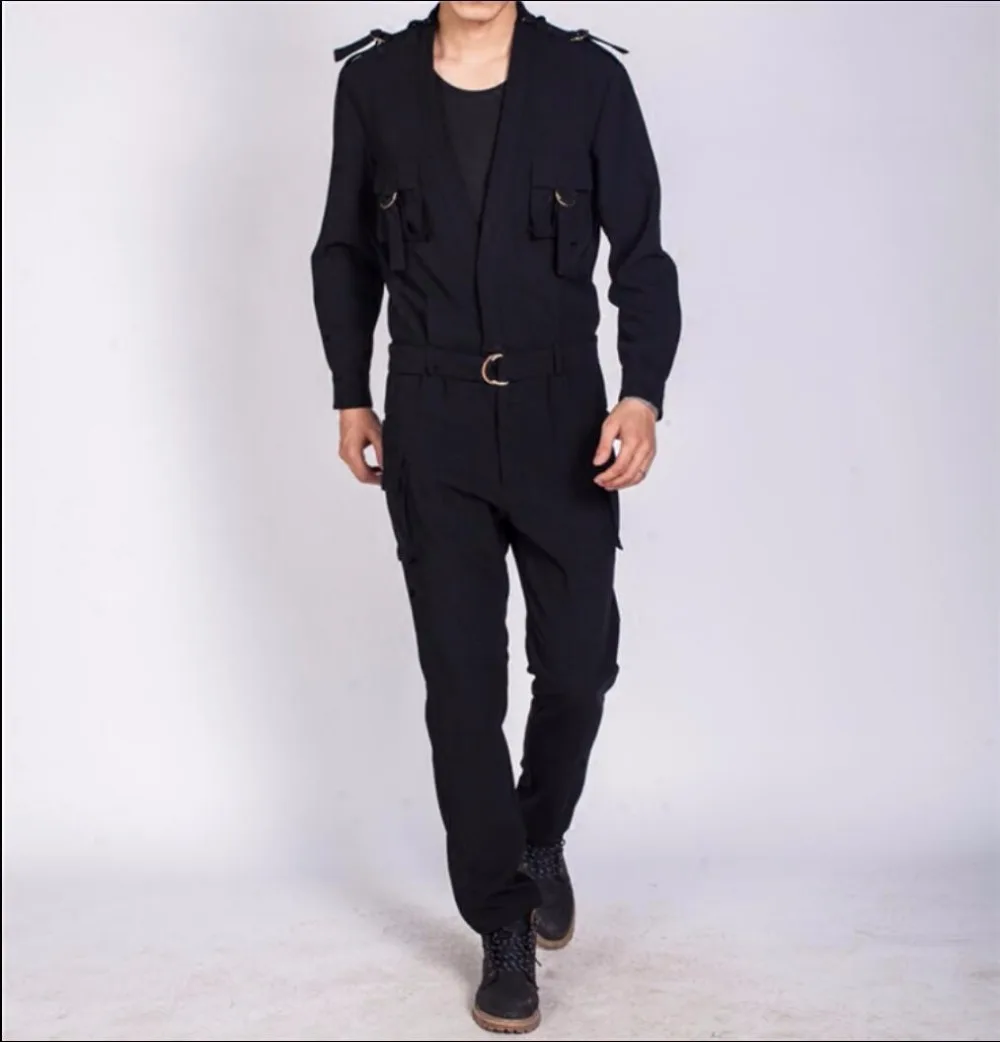 Hot ! New Spring And Autumn Casual Pants Tide Men Jumpsuit Slim Trousers Pocket Overalls Jumpsuit Hairstylist Singer Costumes