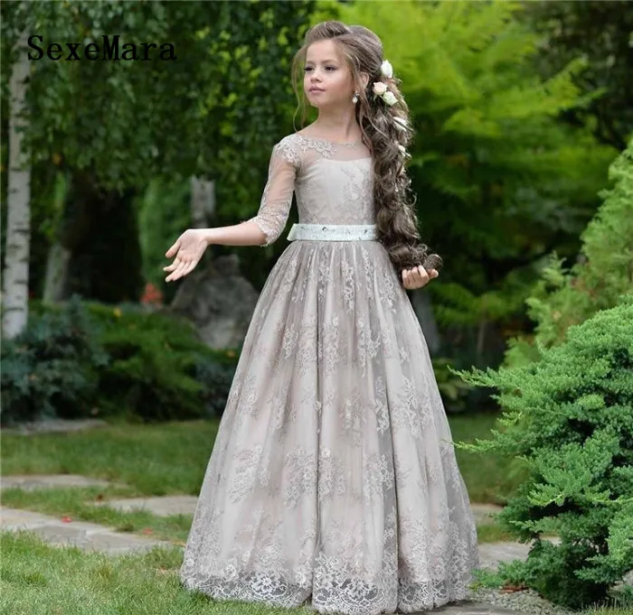 Gray Flower Girl Dresses for Wedding Lace Princess A Line Long Sleeves Pageant Party Gown For Kids Birthday | Детская одежда и