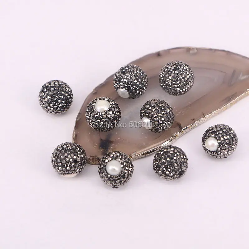 12PCS Natural pearl beads round ball shape side hole pave black rhinestone crystal fashion jewelry ZYZ160-9902 | Украшения и