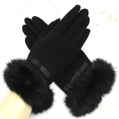 G040 Black YRRETY, кружевные, с бантом-бабочкой, женские, новые, зима-осень, теплые, из искусственного кроличьего меха, шерстяные перчатки, женские, для девушек, перчатки, аксессуары рукавички - Цвет: G040 Black
