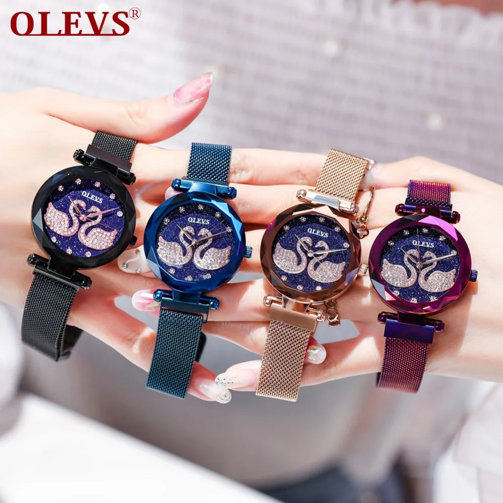 Женские кварцевые часы Reloj Mujer цвета розового золота лебедь из нержавеющей стали