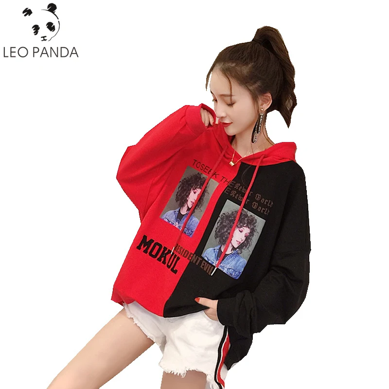 Весенне-осенние женские Лоскутные толстовки с капюшоном и открытыми плечами