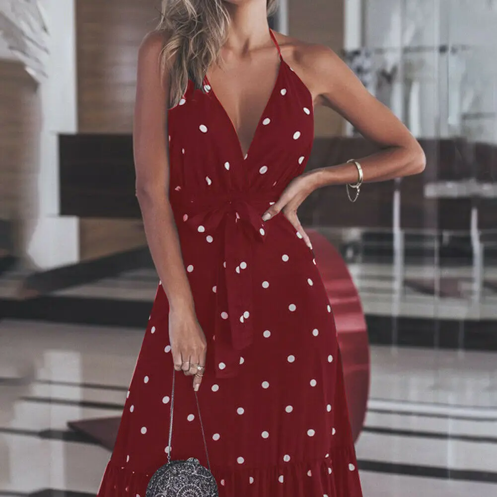 Женское вечернее платье без рукавов с лямкой на шее в горошек свадебное открытой