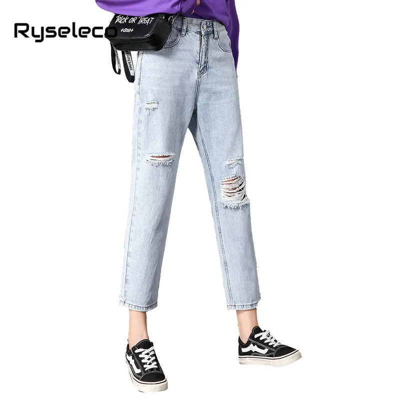 

Women Denim Pants Students High Waist Bleached Straight Loose Jeans Women New Vintage Tassels Ripped Holes Blue Denim Trousers