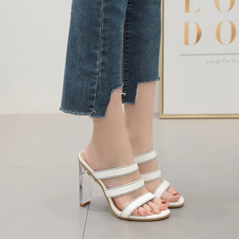 Woman Sandals 2020 Summer New Arrival Simple Crystal Transparent Thick High Heels And Slippers With White Women's Shoes | Обувь