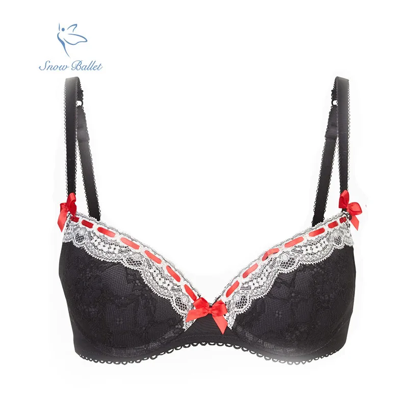 

free shipping black full lace red ribbon 3/4 cup push up bra soft mesh bow underwire sexy lingerie bra underwear intimates plus
