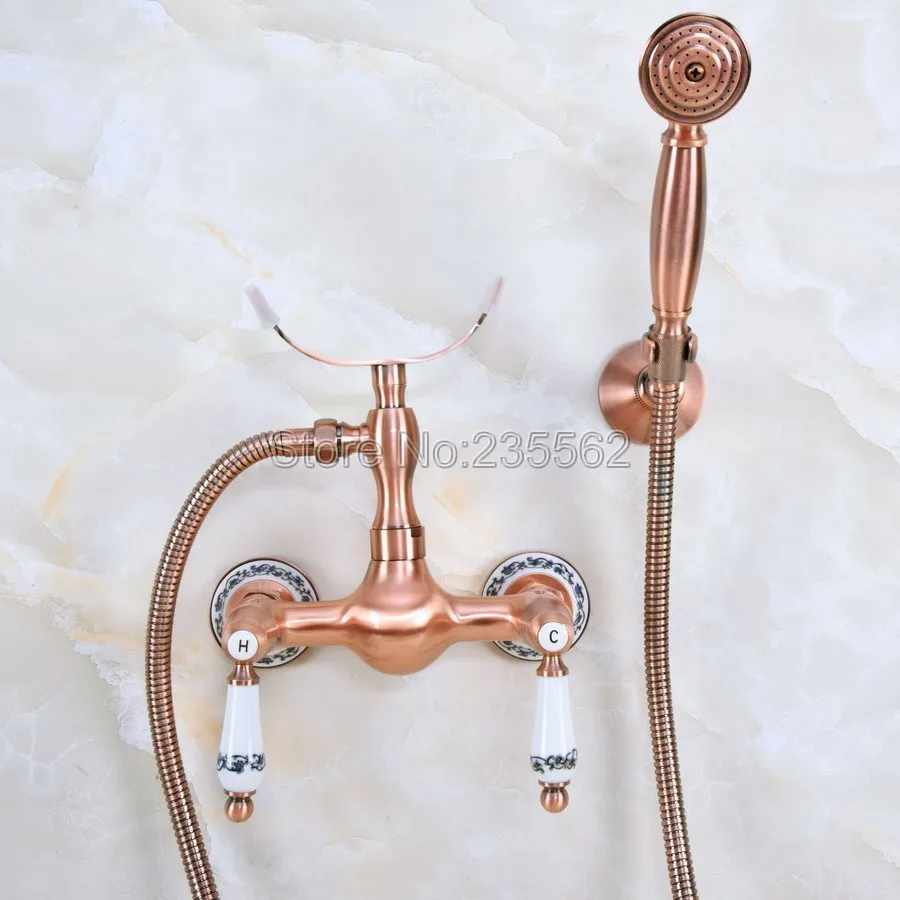 

Antique Red Copper Bath Shower Faucets With Hand Sprayer Shower Head Bathroom Tap lna353