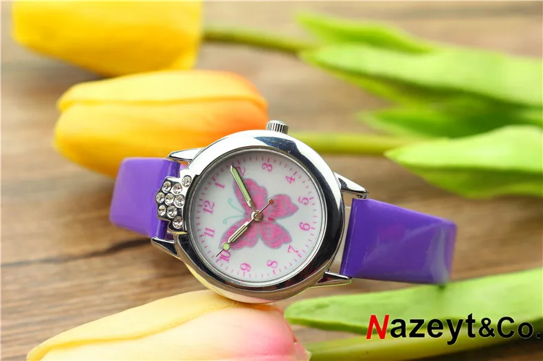 Nazeyt детские часы с персонажами мультфильмов для девочек прекрасный циферблат с бабочкой светящиеся стрелки Хрустальные кожаные часы с бриллиантами подарок на день детей