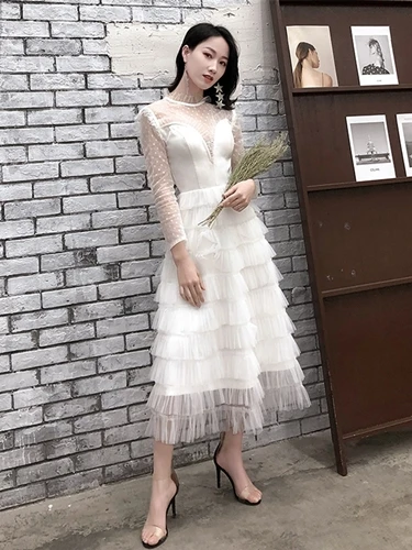 Белые платья для выпускного вечера, vestido de festa, длинный кружевной рукав, многослойные вечерние платья для девочек, платья на выпускной, TS1155 - Цвет: 1