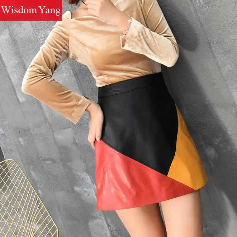 Autumn Patchwork Real Sheepskin Genuine Leather Skirts Womens High Waisted Mini Club Sexy Party Ladies Aline Wrap Skirts