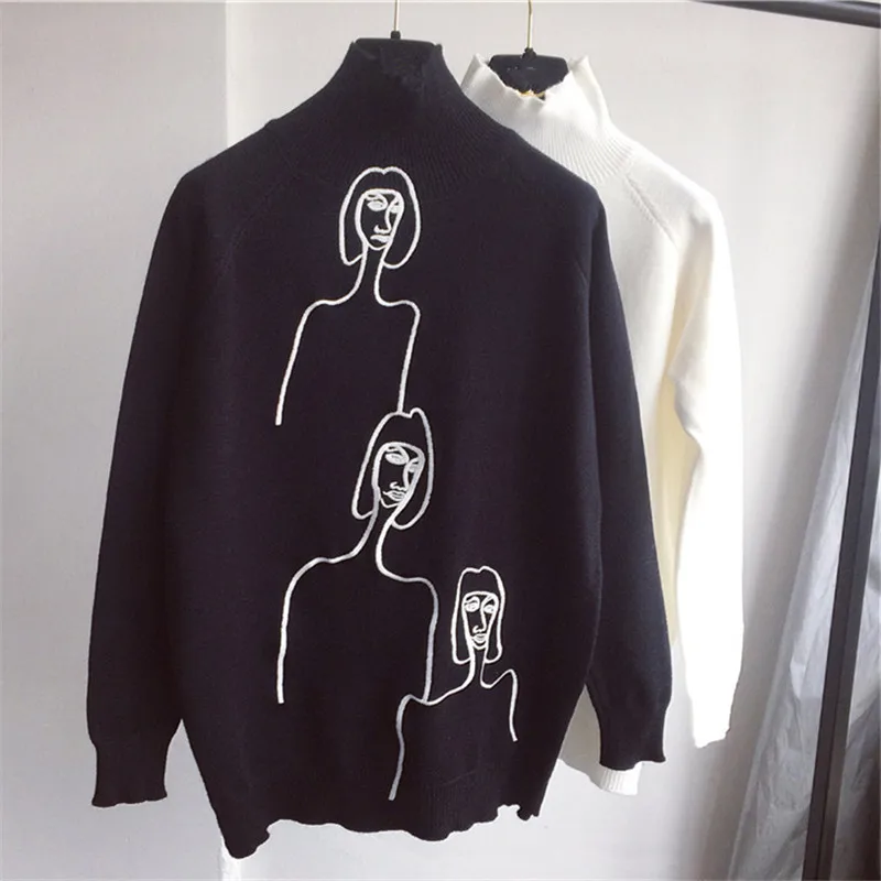 black sweater Korobov корейский женский свитер с мультяшной вышивкой женский джемпер с длинным рукавом пуловер Водолазка Mujer Sueter 76271 - Цвет: black sweater