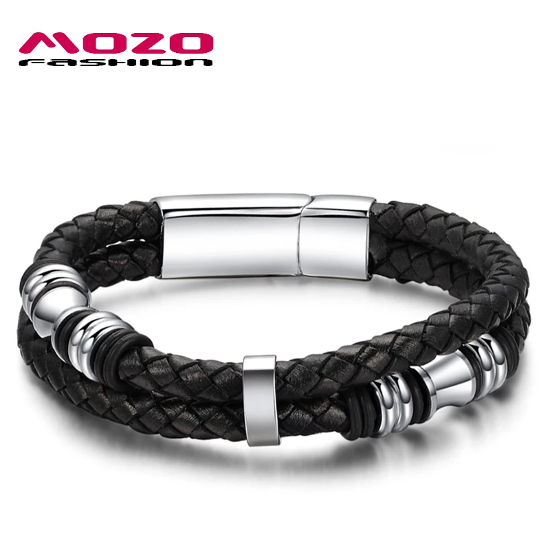 Mozo Fashion хит Фирменное ювелирное изделие Для Мужчин's Браслеты черный кожаный шнурок браслет-цепочка Нержавеющая сталь магнитные браслеты с пряжкой PS911