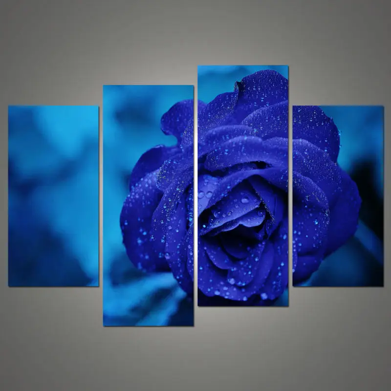 Большая Картина на холсте с 4 панелями и синими цветами для спальни гостиной